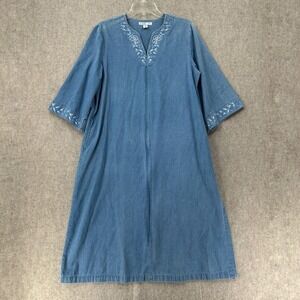 Go softly‎ Denim Patio Dress MuuMuu Full Zip PM Pockets Floral Embroidery Kimono